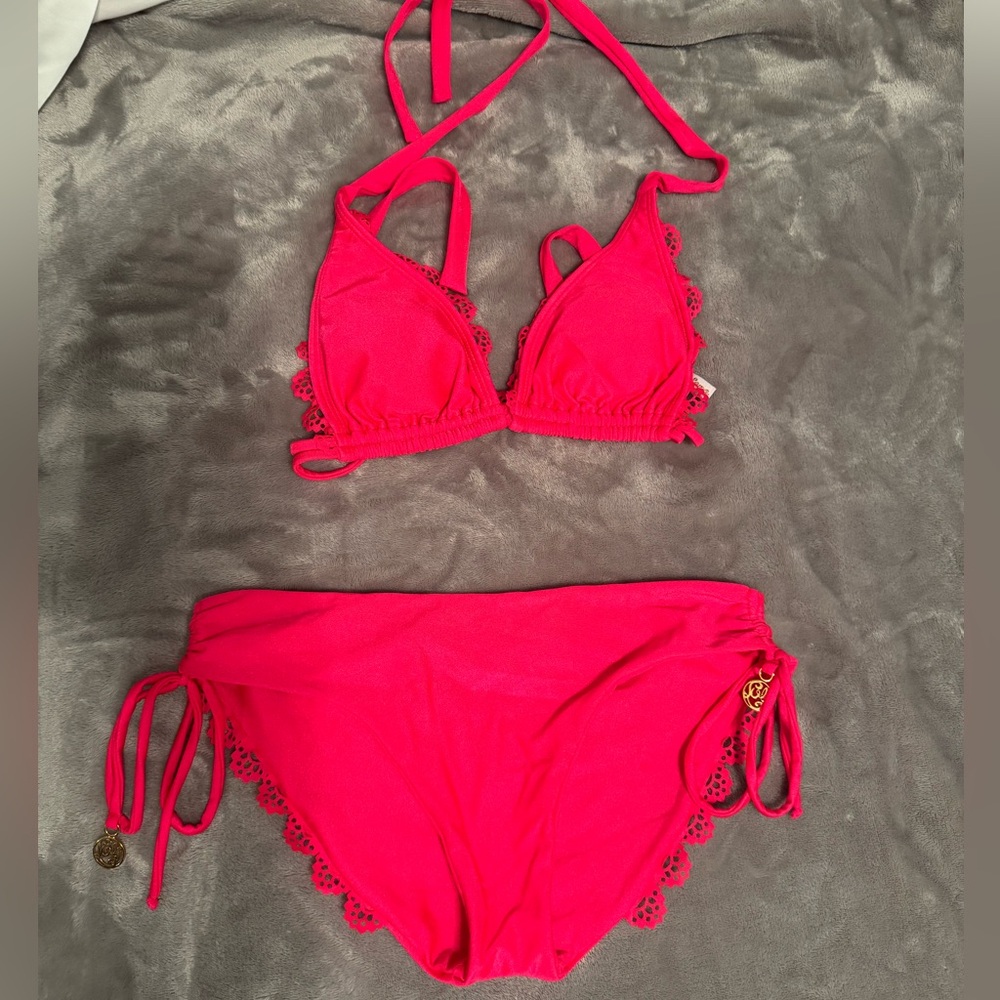 Luli Fama Flamingo Pink Bikini top and bottom—both size Small